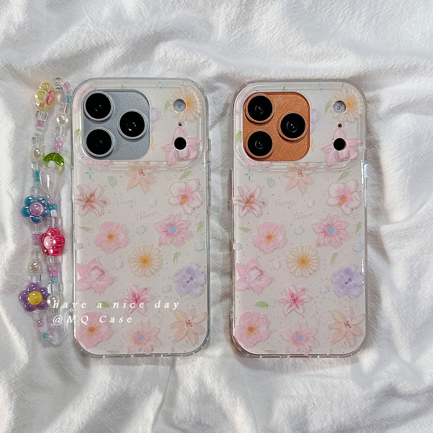 ins少女心闪粉彩色花朵适用苹果17手机壳iPhone17Promax新款16高级感15保护套13硅胶14防摔全包带链条软壳女p