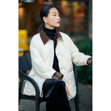 羽绒服女款中长款设计感撞色灯芯绒衬衫领菱形格三防90白鸭绒外套