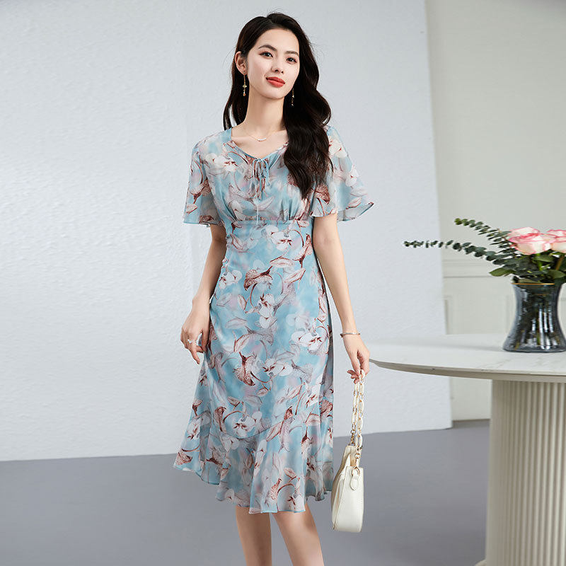 真丝连衣裙女桑蚕丝2026春夏新品时尚圆领收腰印花中长款蓝色裙子