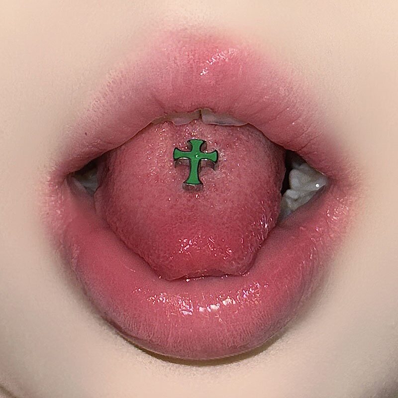 墨刺研究室 荧光绿十字架舌钉嘻哈舌头钉钛钢小众ins辣妹穿刺饰品