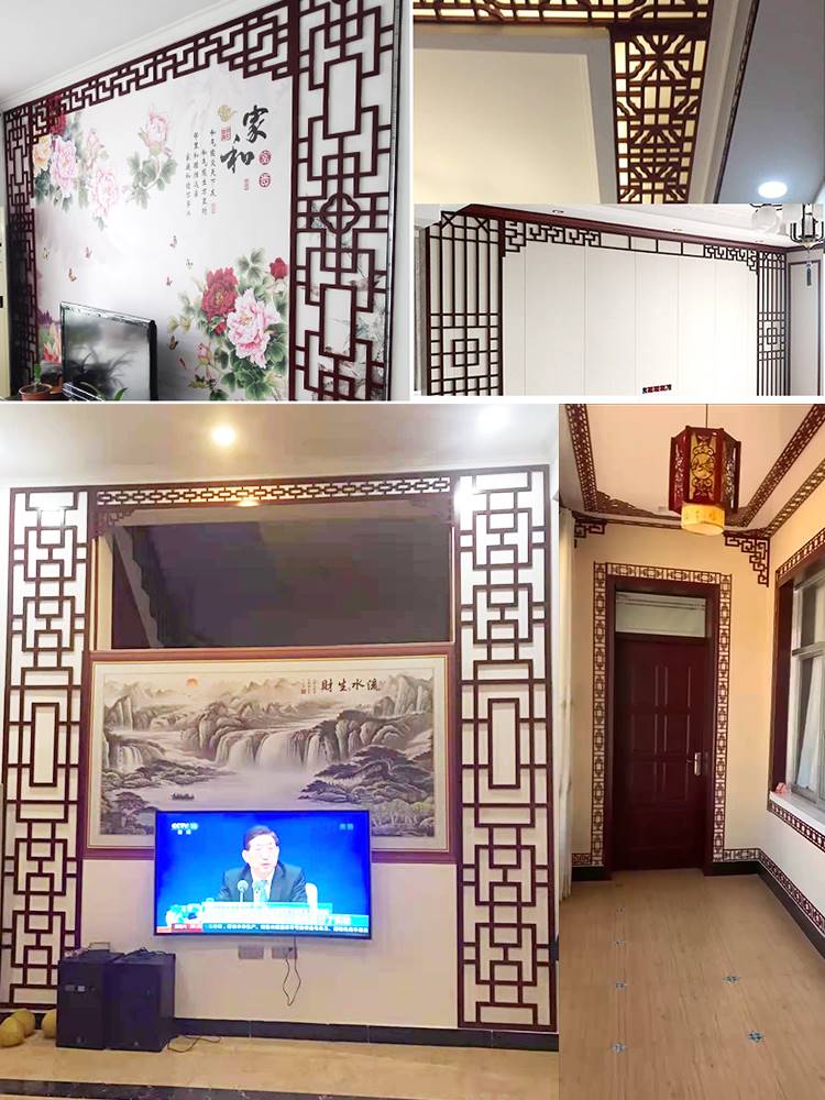 pvc花格镂空中式棚顶装饰回纹线条实木雕花板仿古吊顶背景墙定制
