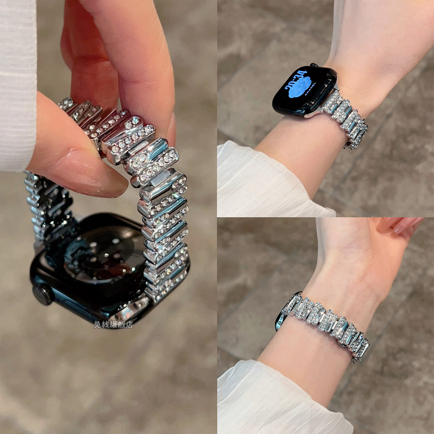 适用iwatch苹果手表表带s11不规则镶钻applewatch专用se3女款s10好看高级感创意小众新品夏天金属applewatch
