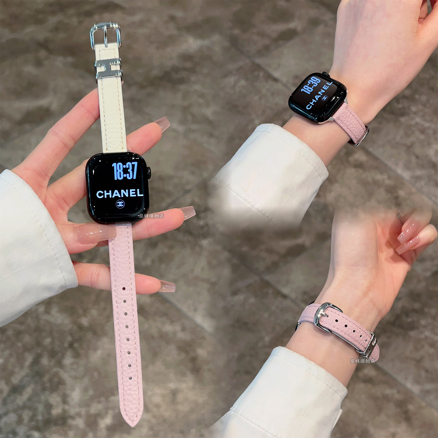 H扣拼色荔枝纹皮质applewatch苹果手表iwatch表带s11系列s10超好看se3女款ultra专用创意高级感夏天透气