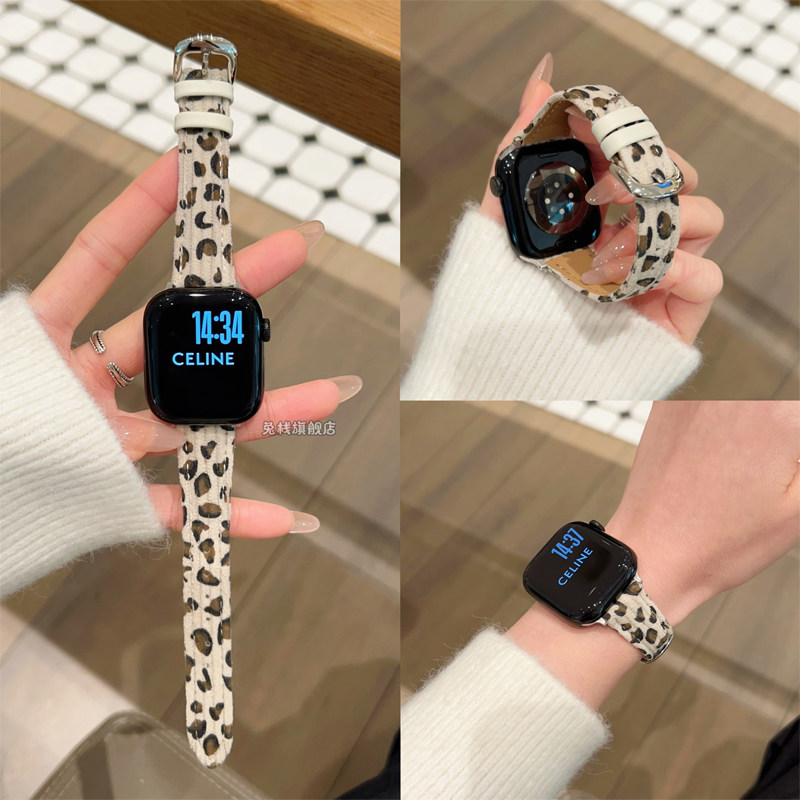 适用苹果手表iwatch表带s10豹纹s10花朵s9灯芯绒se腕表专用ultra3女生款秋冬质感高级感韩系颜值新品