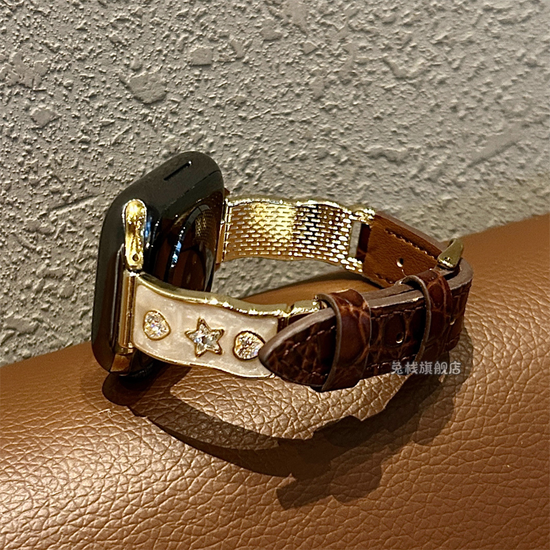 适用applewatch苹果手表iwatch表带s11镶钻鳄鱼纹s10新品颜值金属女款s9秋冬se3高级感ultra3小众质感真皮