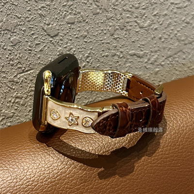 适用applewatch苹果手表iwatch表带s11镶钻鳄鱼纹s10新品颜值金属女款s9秋冬se3高级感ultra3小众质感真皮