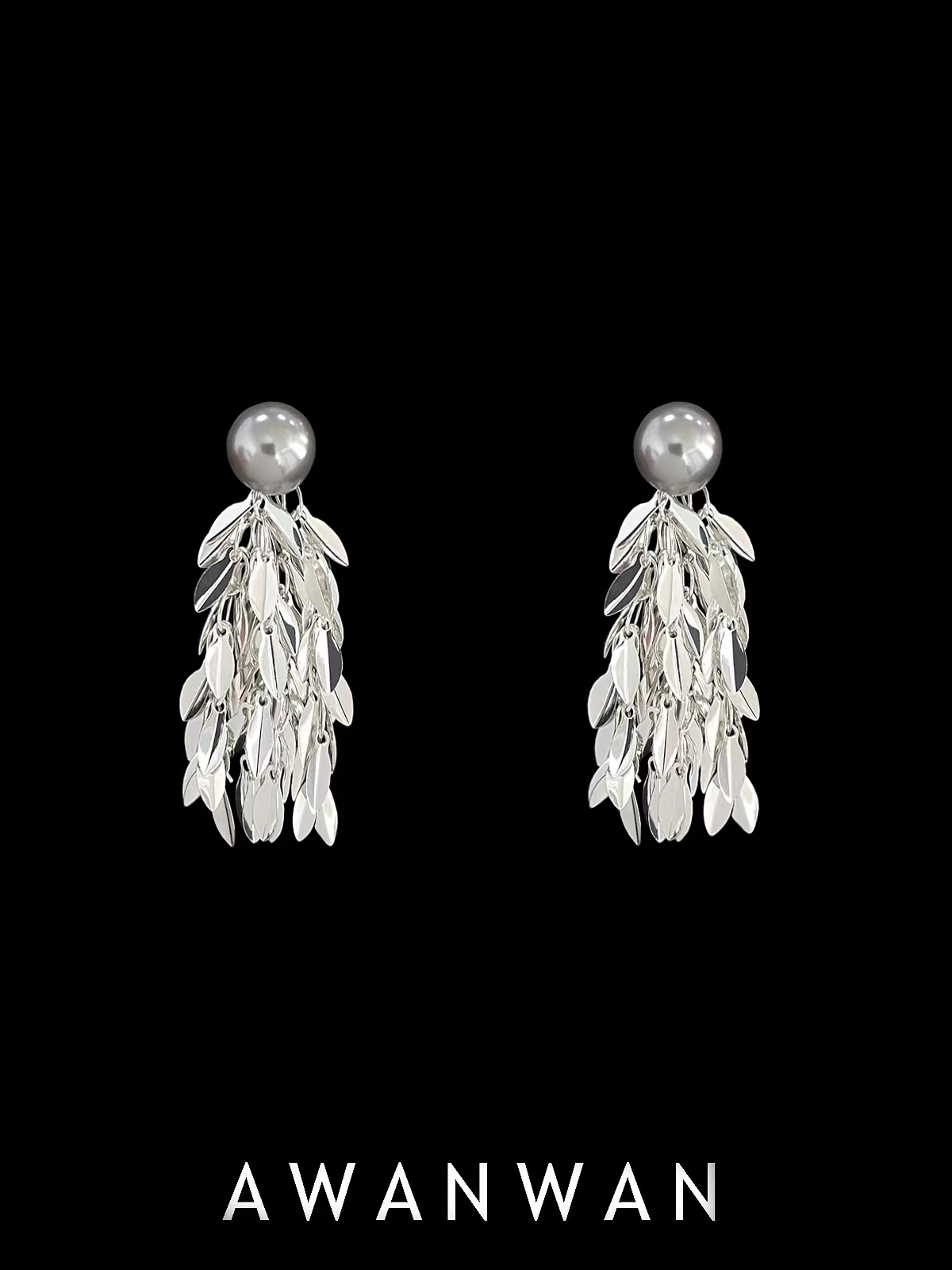 阿婉Wan 羽毛瀑布~方圆脸百搭烟灰珍珠耳钉清冷耳饰925银针耳环