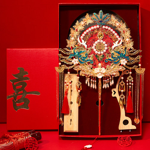 团扇新娘中式结婚出嫁秀禾服diy材料包重工双面成品手工高级喜扇