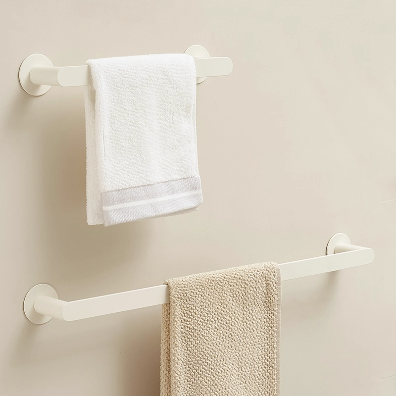 瑞勤奶油白浴室挂毛巾架子免打孔304不锈钢毛巾架单杆浴巾置物架