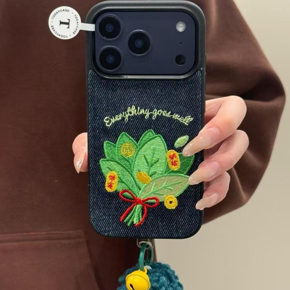 牛仔蓝刺绣柚子叶适用iPhone17promax手机壳15新款17pro网红女款13创意全包防摔16pro超好看17保护套