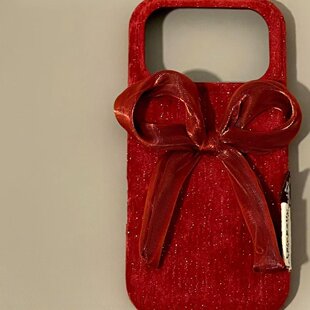 酒红闪粉毛毡立体蝴蝶结适用iPhone17promax手机壳15新款17pro网红女款13创意全包防摔16pro超好看17保护套