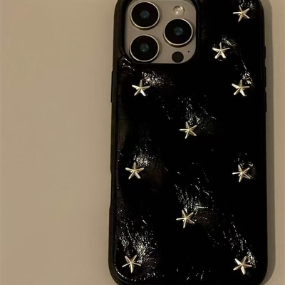高级感黑色褶皱皮质星星适用iPhone17promax手机壳15新款17pro网红女款13创意全包防摔15pro超好看16保护套