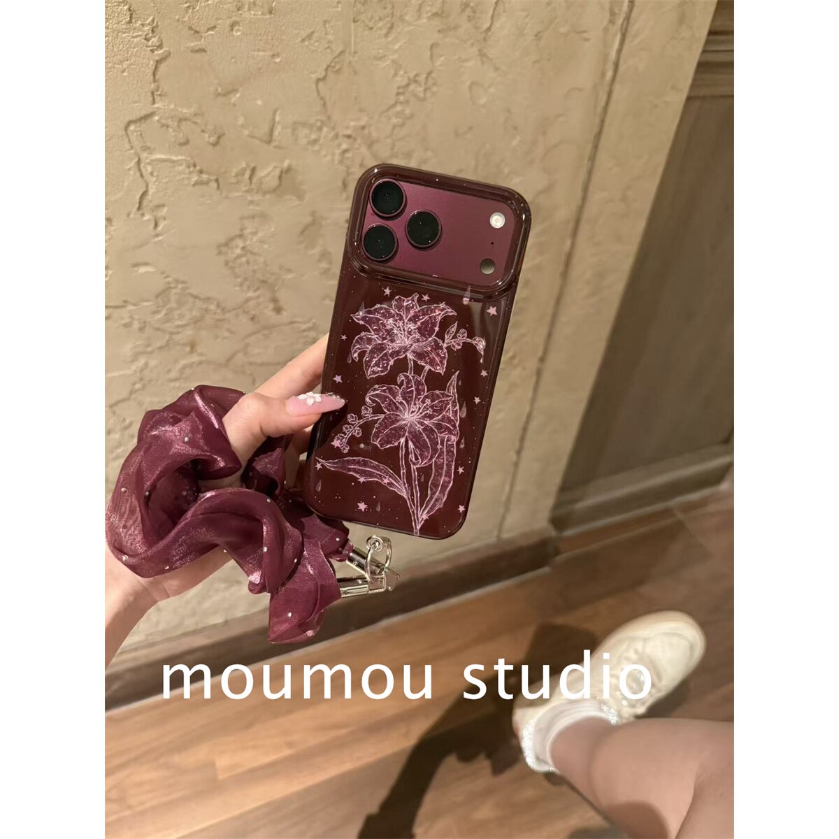 ins韩系酒红色百合花适用iPhone18promax手机壳15新款17pro网红女款13创意全包防摔18pro超好看17保护套