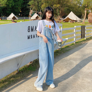 连体牛仔背带裤女2025年新款高腰美式复古拖地直筒显瘦长裤子学生