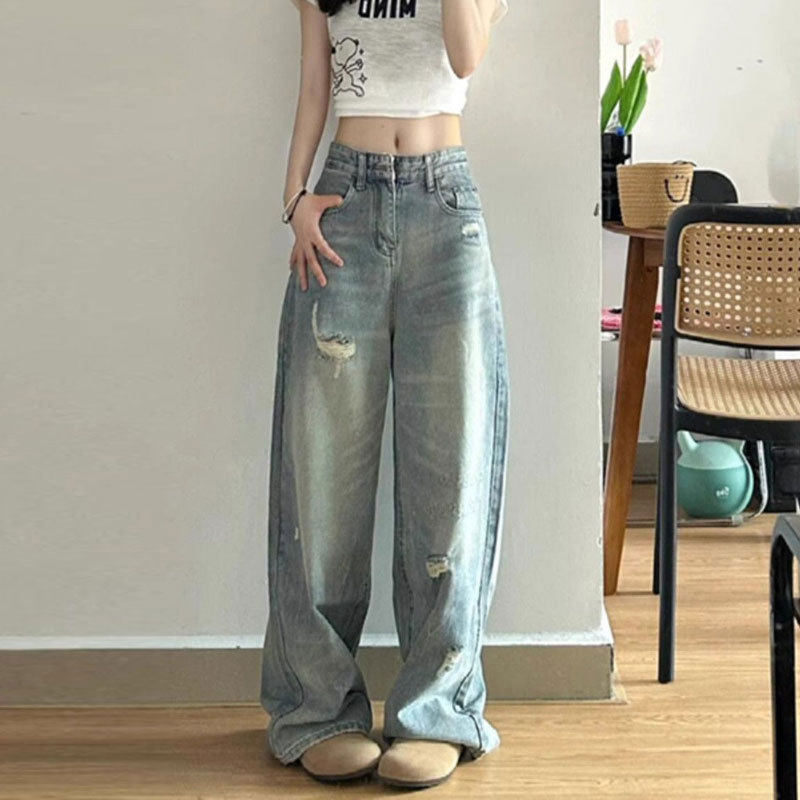 破洞牛仔裤女浅色大码胖mm高腰宽松直筒长裤梨形磨破设计阔腿裤子