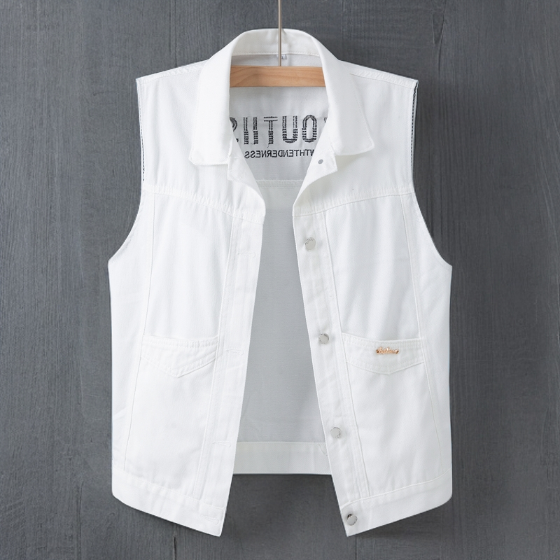 2025年新款韩版宽松马夹背心上衣刺绣白色牛仔马甲短外套男春秋装