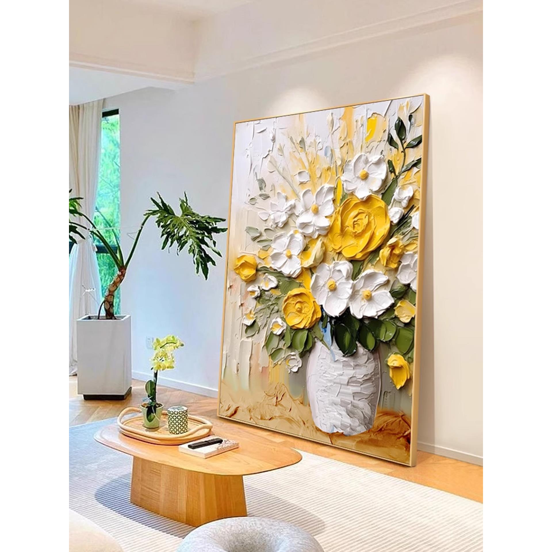 手绘油画高级感客厅装饰画奶油风花卉抽象艺术沙发背景墙落地挂画图片