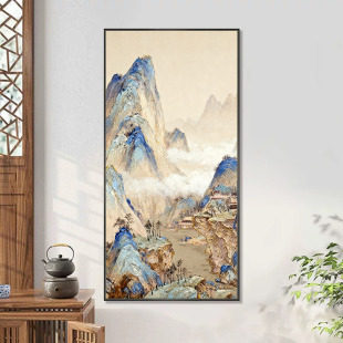 新中式 饰画青绿山水风景肌理玄关挂画 纯手绘油画千里江山图客厅装