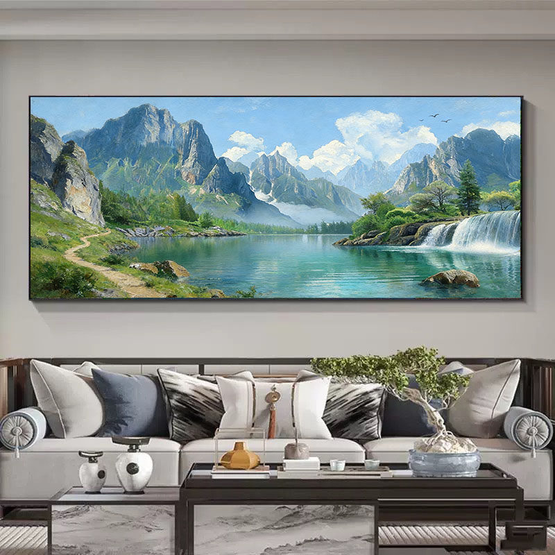 大芬村现代纯手绘油画高山流水客厅沙发装饰画横幅山水风景挂画,家居饰品,油画,淘宝优惠券,粉丝福利购,淘宝优惠卷
