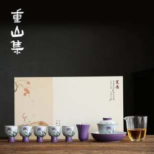 手绘木槿紫鸢尾花盖碗陶瓷功夫茶具小高足茶杯家用办公会客