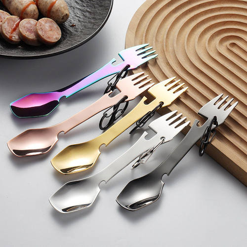 304不锈钢户外多功能刀叉勺开器头开5合1一体勺叉子野营餐具