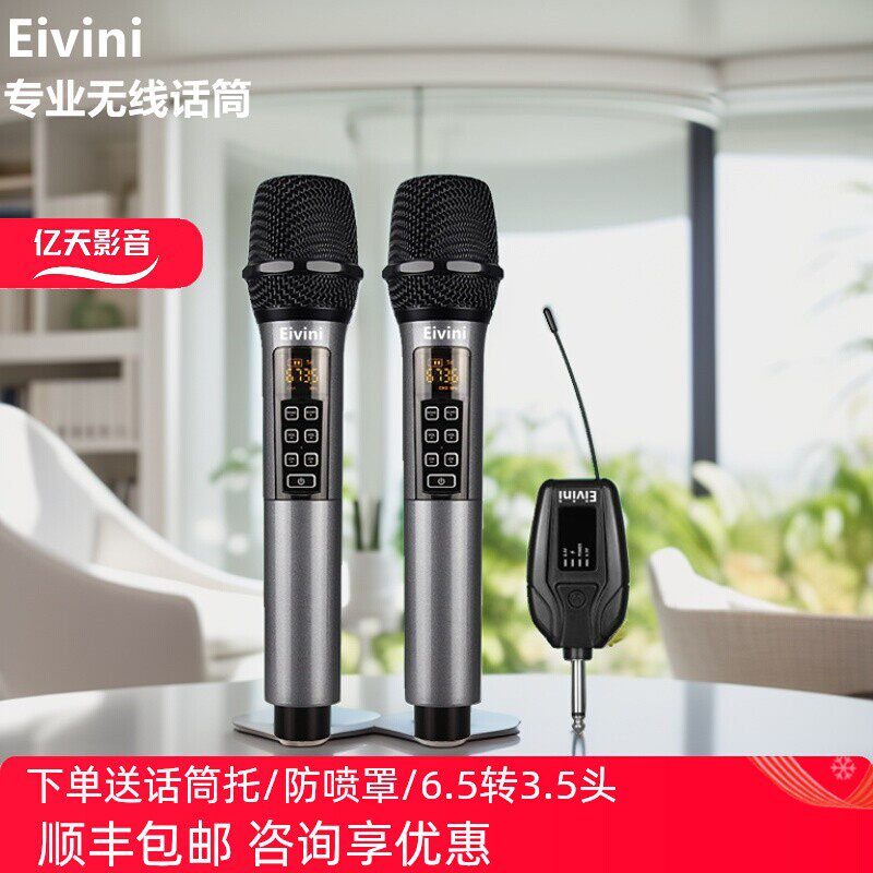 Eivini D300 君伍摇滚王专用无线话筒K歌KTV一拖二麦克风音量可调