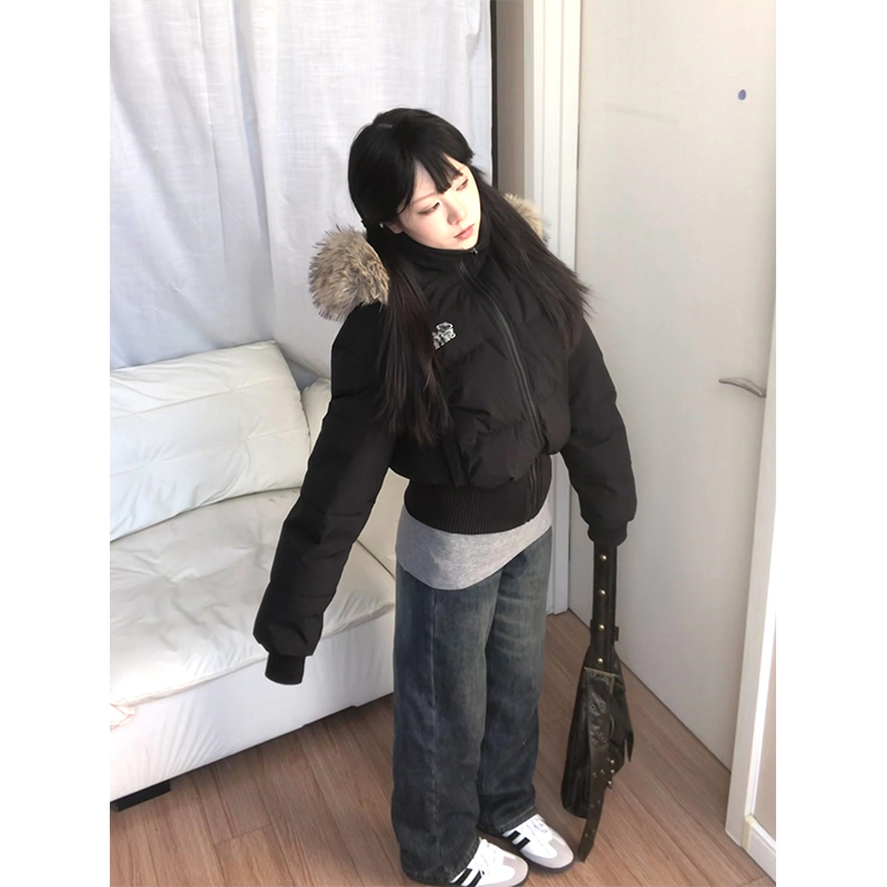 美式高街字母印花黑色大毛领连帽羽绒棉服女冬季显瘦高级感面包服