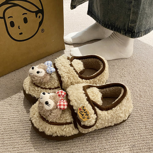 月子鞋踩屎感毛毛拖鞋女2025秋冬新款外穿魔术贴加绒保暖休闲棉鞋