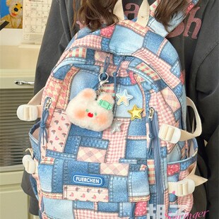 小众设计感牛仔布双肩包女高中学生初中生休闲百搭书包男个性背包