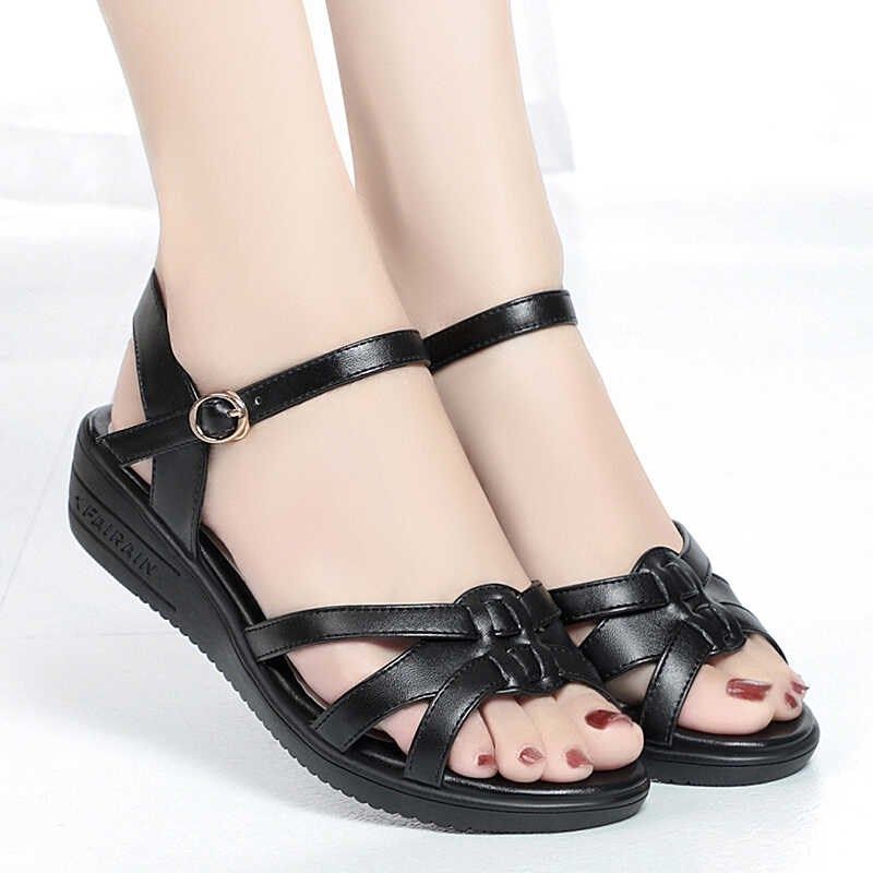 妈妈凉鞋女夏季新款平底防滑女鞋真皮坡跟软底防滑中年凉鞋大码,女鞋,休闲凉鞋,淘宝优惠券,粉丝福利购,淘宝优惠卷