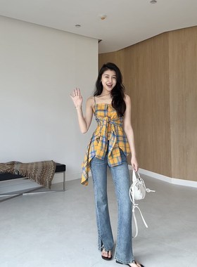 张阿星【玩转色彩】度假风黄格撞色不规则收腰上衣套装W425C02167