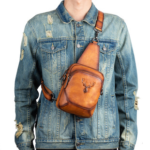 复古男士头层牛皮擦色植鞣皮单肩包斜挎包真皮手工邮差胸包潮男包