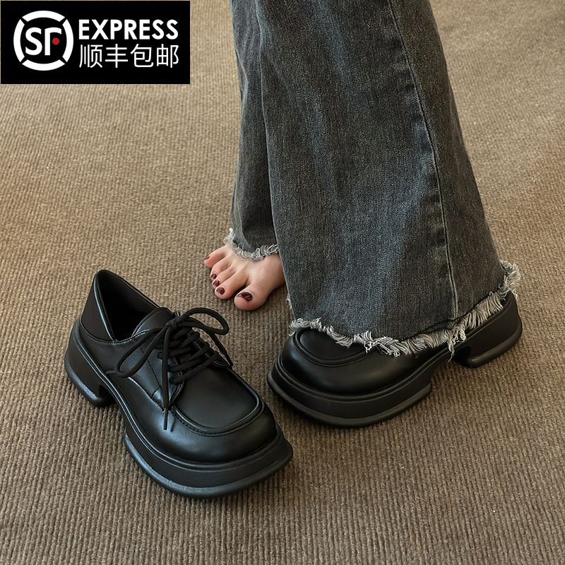小皮鞋女2023年秋季新款圆头松糕厚底日系黑色百搭英W伦风增高单
