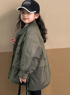 女童外套工装加厚棉衣冬装洋气2024新款男女儿童棉袄重工军绿大衣