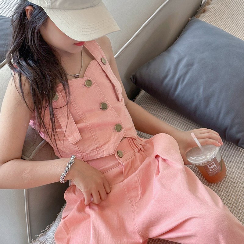 女童夏季套装2025新款童装薄款牛仔吊带背M心直筒宽松长裤两件套