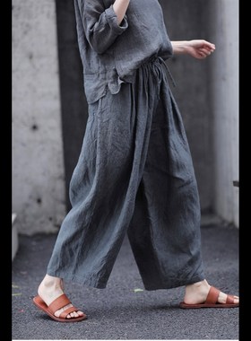 2024夏季新款灰色高品质亚麻高密织造松紧腰系绳宽松萝卜阔腿裤女