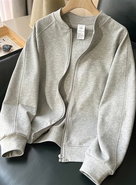 插肩袖外套女短款卫衣2024春秋新款灰色开衫宽松立领拉链上衣服潮