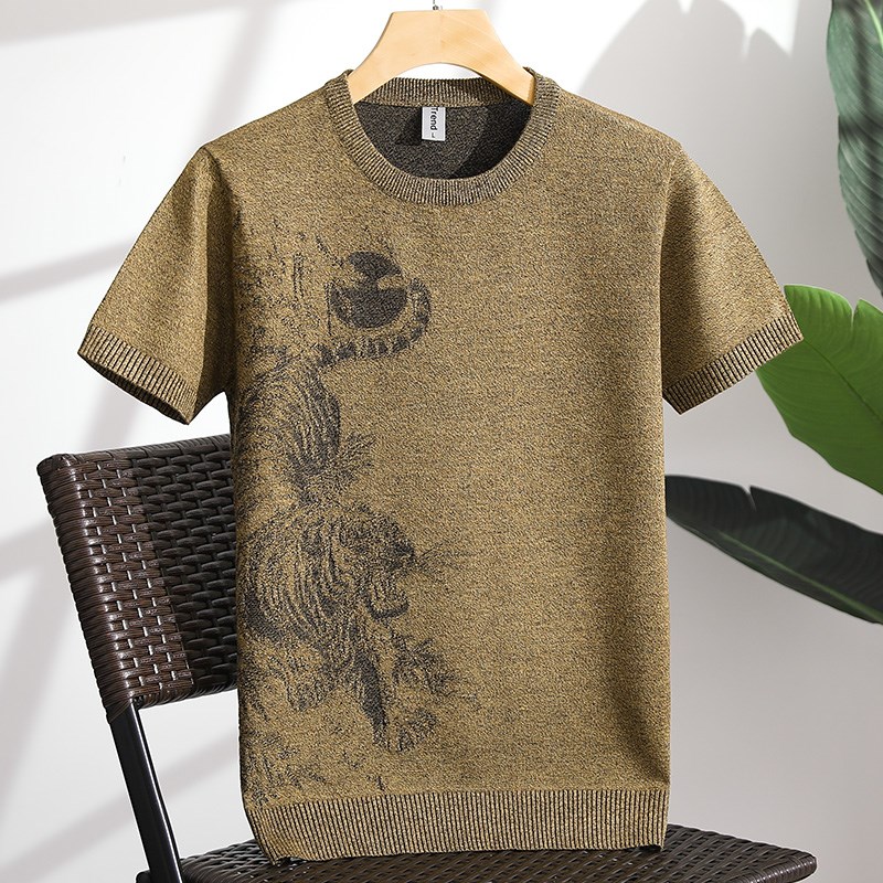 棕色休闲针织衫圆领短袖男士2023年秋冬季厚新款潮流修身半袖提花