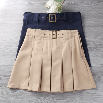 女童裙子半身裙卡其色皮带扣短裙中小学生校服百褶V裙有内衬防走