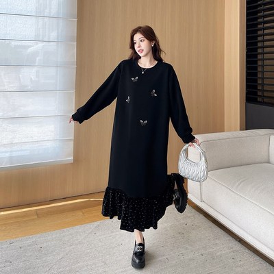 大码女装胖mm秋冬内搭卫衣拼接烫钻丝绒连衣裙打底鱼尾长裙假两件