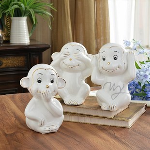 陶瓷三不猴摆件工位情绪稳定摆件家居客厅电P视柜玄关办公装饰品