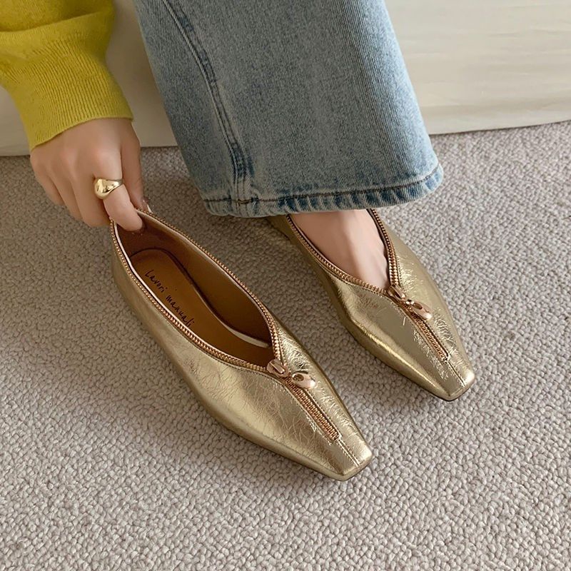 牛皮复古金属拉链外穿通勤百搭单鞋老钱风女内增高金色洋气高跟鞋,女鞋,浅口单鞋,淘宝优惠券,粉丝福利购,淘宝优惠卷