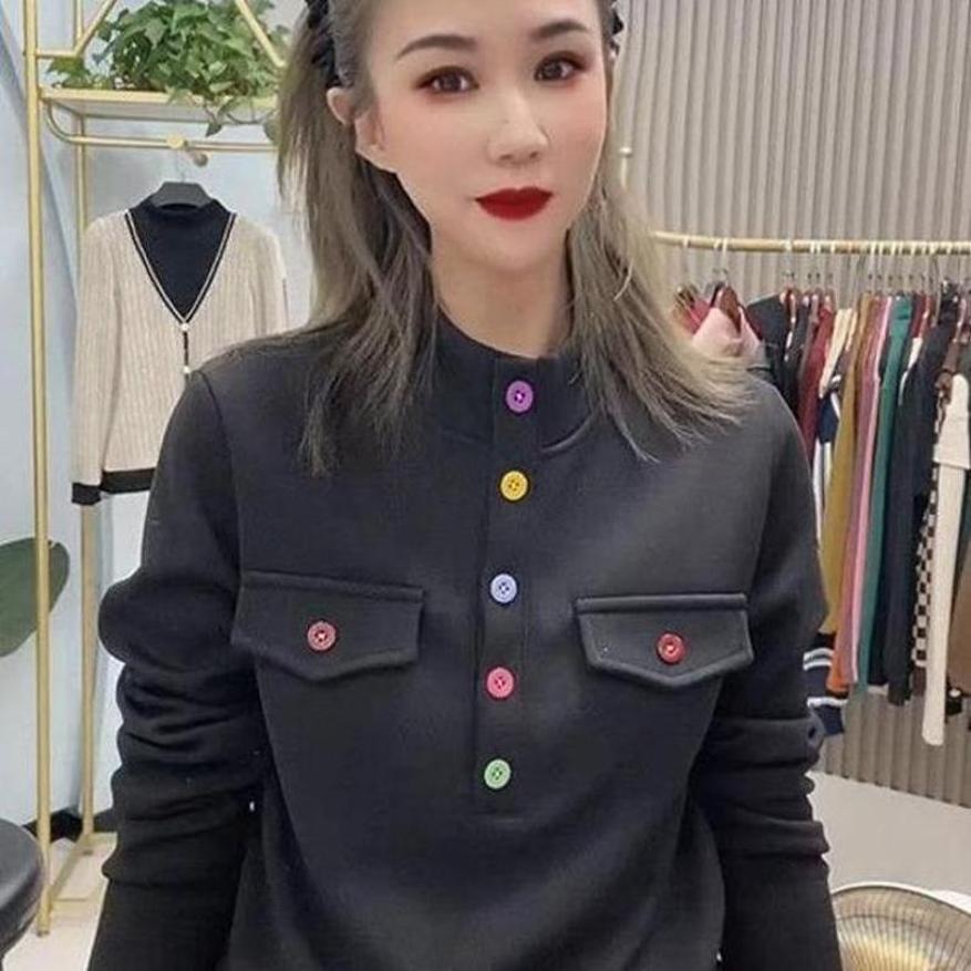 德绒高级感立领长袖T恤女秋季新款大码显瘦内搭打底衫妈妈装上衣