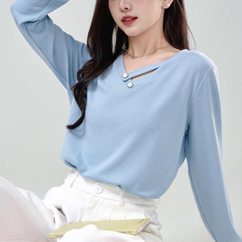 条显德绒洋气衫潮潮德纯色t长长袖螺纹设计显瘦衣领打底新款上衣2
