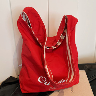 双面可背条纹帆布包小众韩版大容量慵懒风红色托特包休闲购物袋女