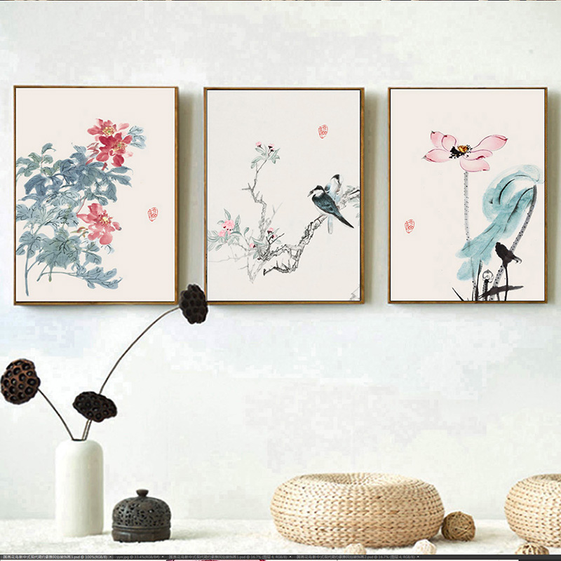 新中式简约文字国画花鸟植物花卉素雅装饰画客厅沙发背景墙壁挂画