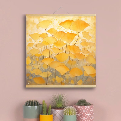 家业繁茂金黄色银杏叶子客厅装饰画玄关书房壁画卧室实木卷轴挂画