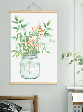 植物花卉花瓶实木卷轴挂画客厅卧室玄关餐厅电表箱墙面遮丑装饰画
