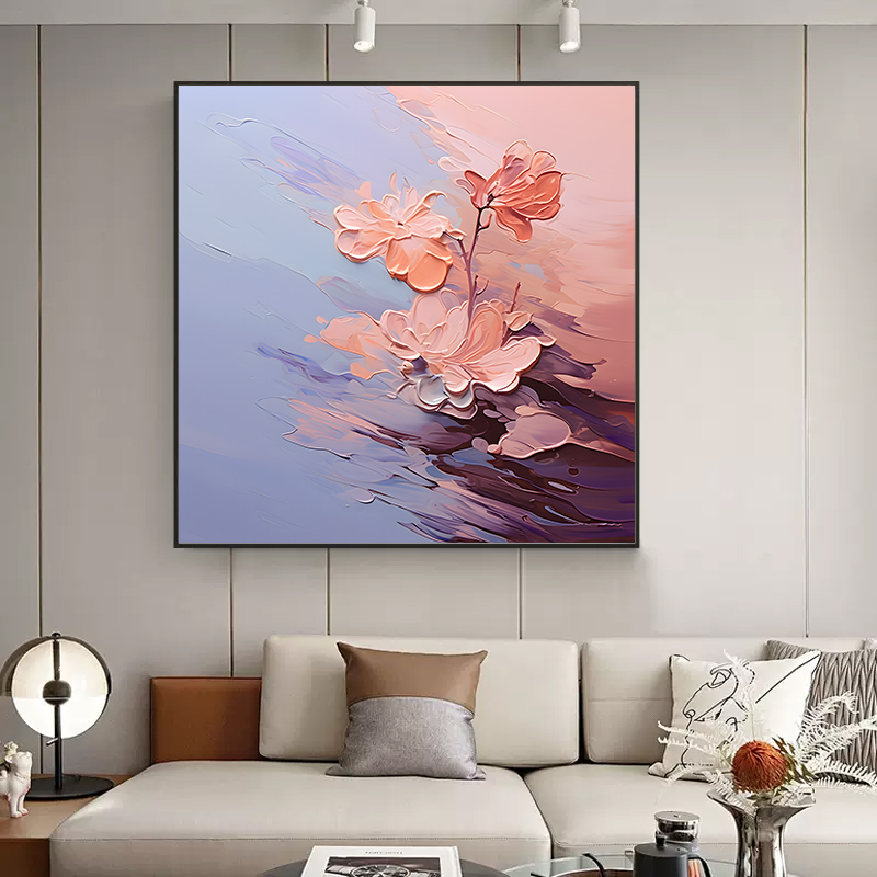 简约奶油风正方形肌理油画高级感抽象花卉客厅走廊过道酒店装饰画图片