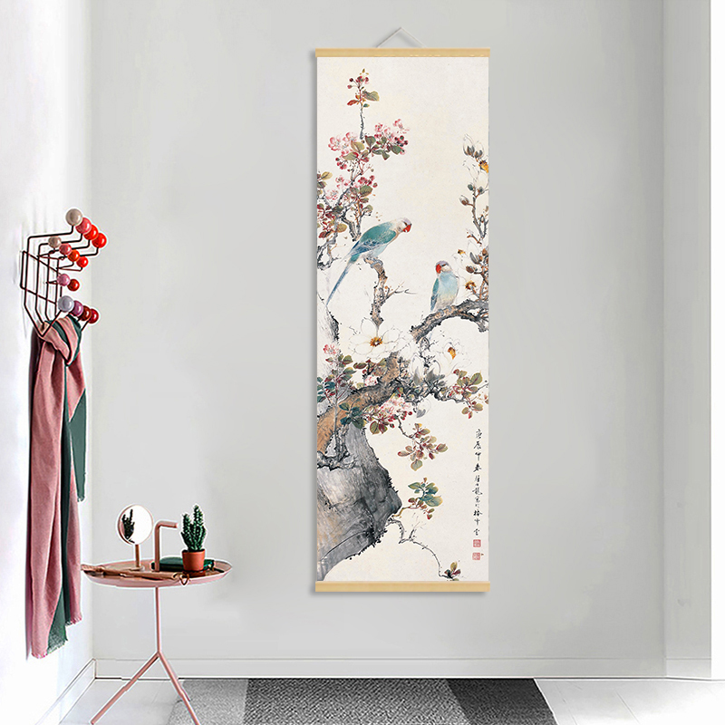 颜伯龙花鸟树木卷轴挂画中式国画茶楼风水客餐厅电表箱遮挡装饰画